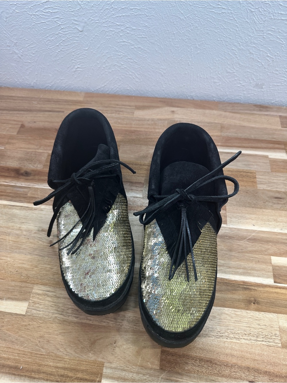 Figue black suede and gold sequin Desert Moccasins in size 40